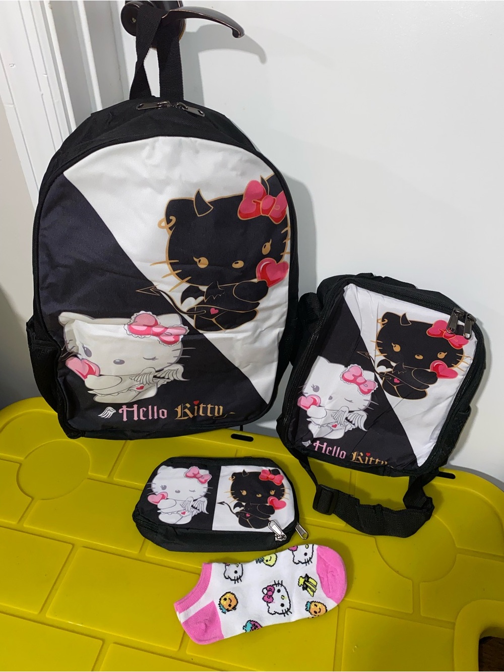 Hello Kitty Black & White Backpack and Bag Set with Pink Accents